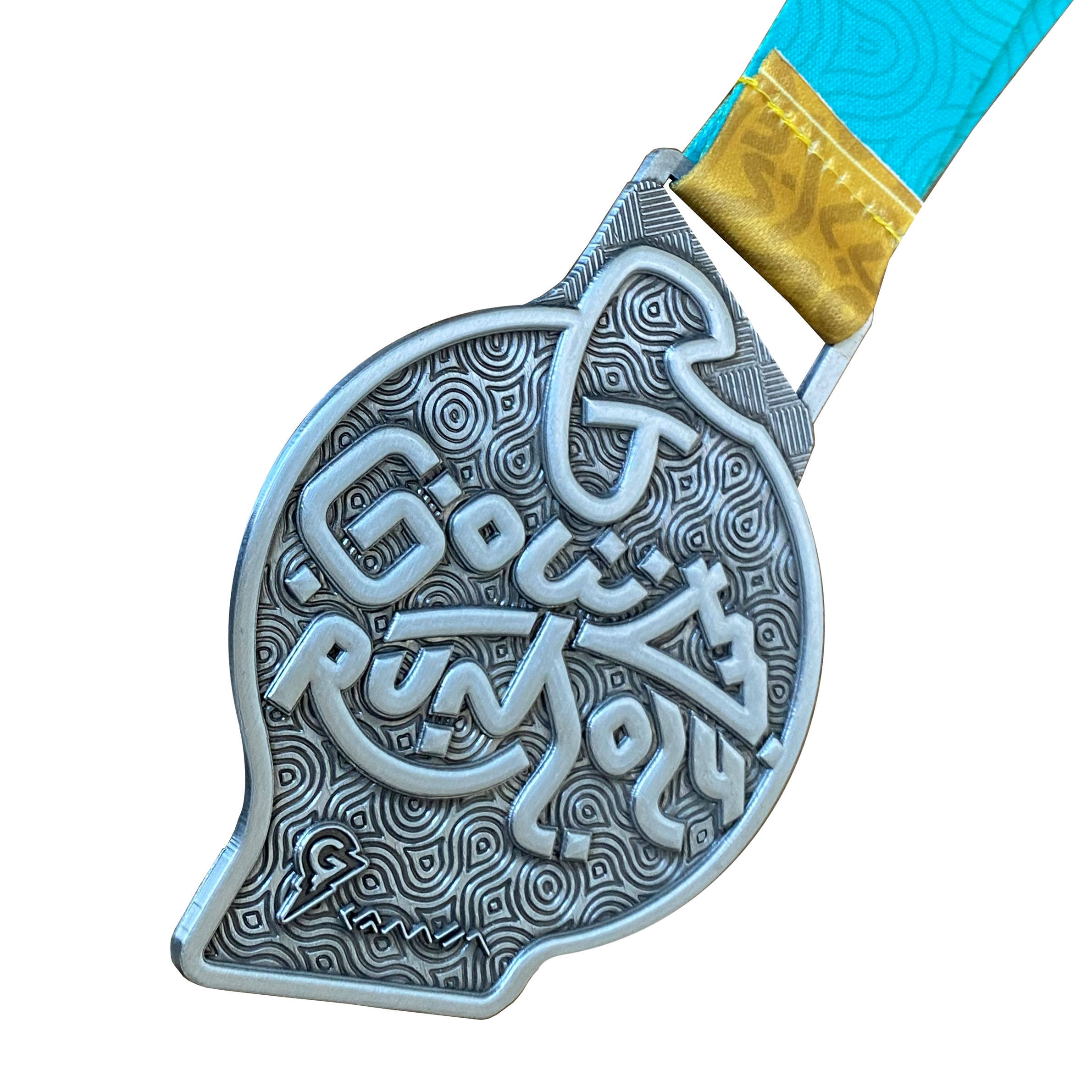 Antique silver relief 10th anniversary running medal, architectural landscape enamel marathon event irregularly shaped commemorative plaque, custom-made.