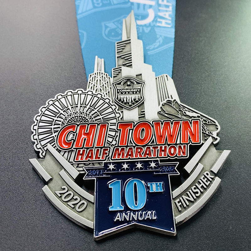 Antique silver relief 10th anniversary running medal, architectural landscape enamel marathon event irregularly shaped commemorative plaque, custom-made.