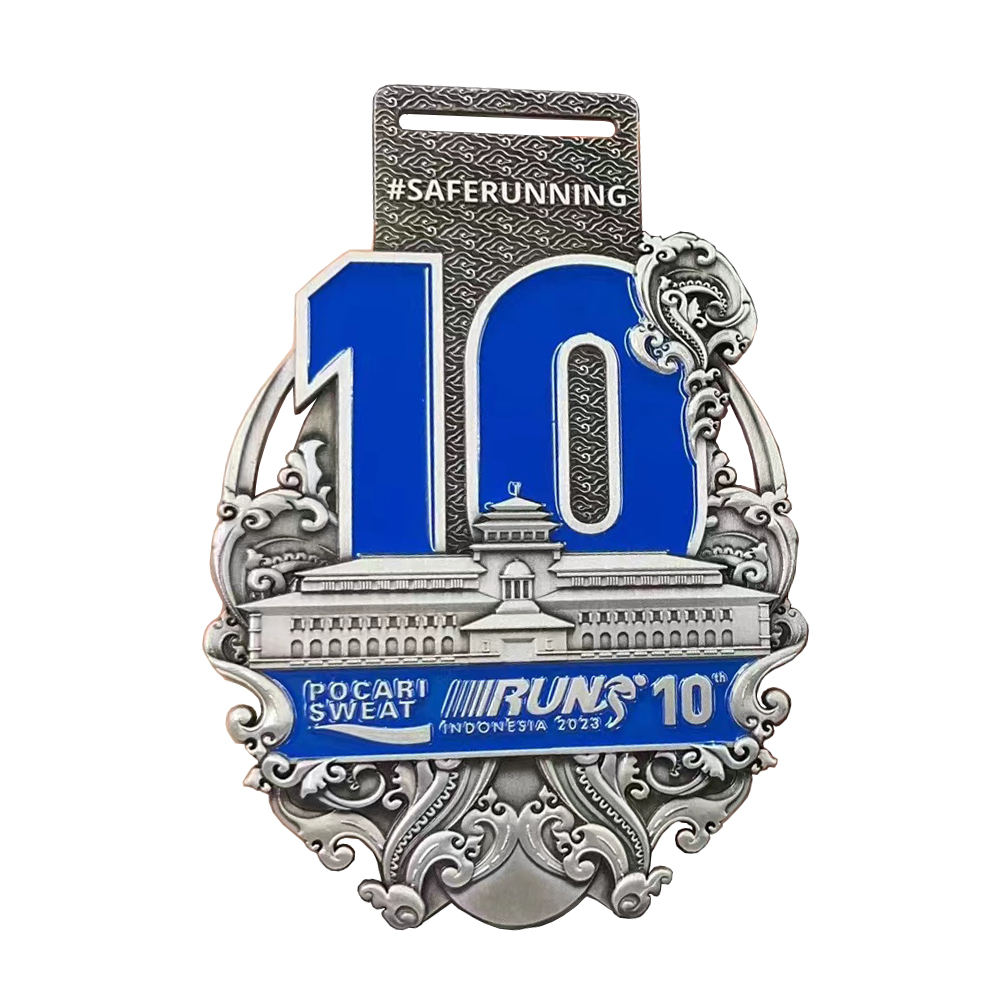 Antique silver relief 10th anniversary running medal, architectural landscape enamel marathon event irregularly shaped commemorative plaque, custom-made.