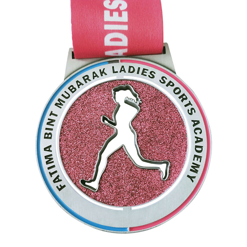 Metal hollow running medal, glittery pink silver commemorative badge