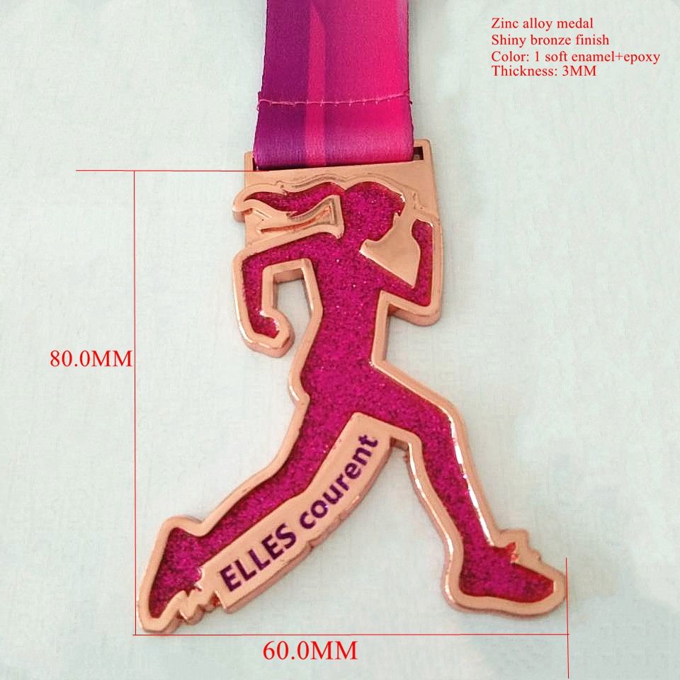 Antique silver shield-shaped trail running medal, red and blue enamel running figure, 250km long-distance running event metal commemorative plaque customization.