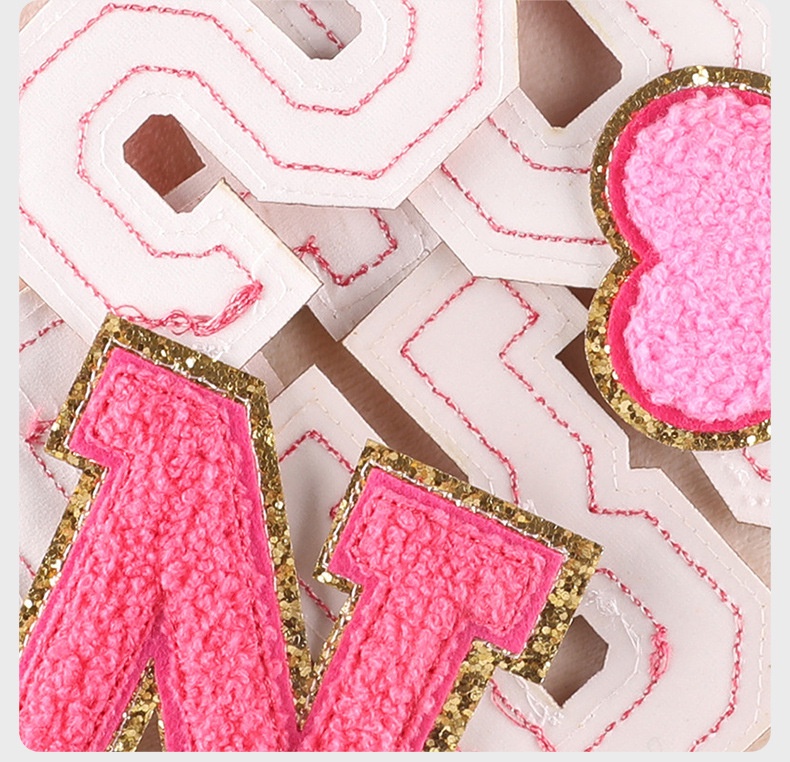 Embroidered towel patch with gold trim and English lettering, clothing accessory chenille self-adhesive fabric patch