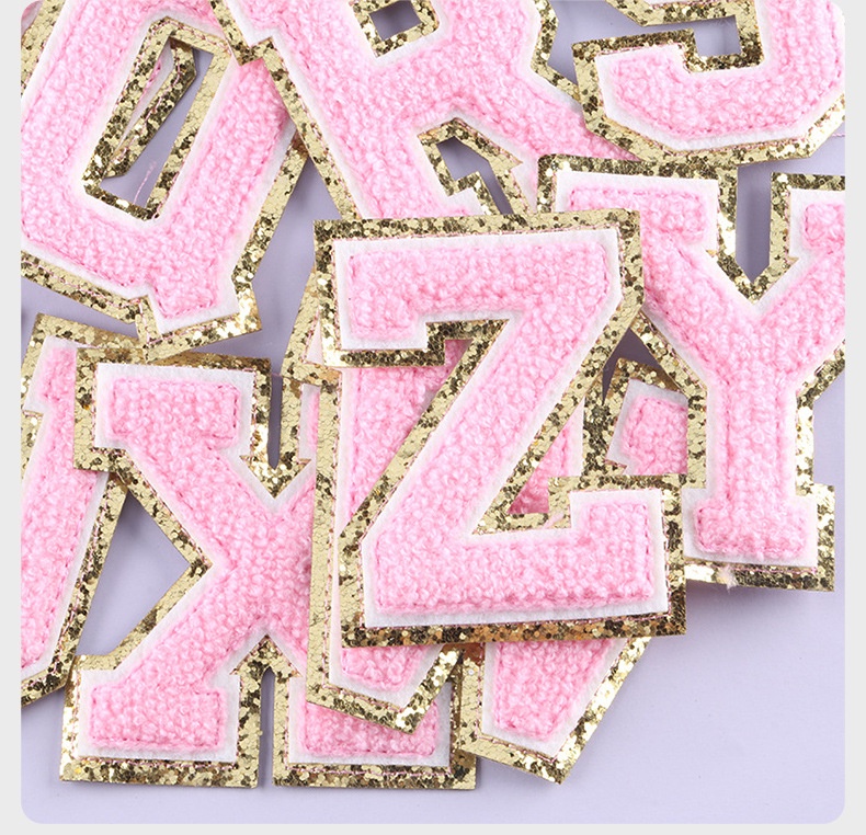Embroidered towel patch with gold trim and English lettering, clothing accessory chenille self-adhesive fabric patch