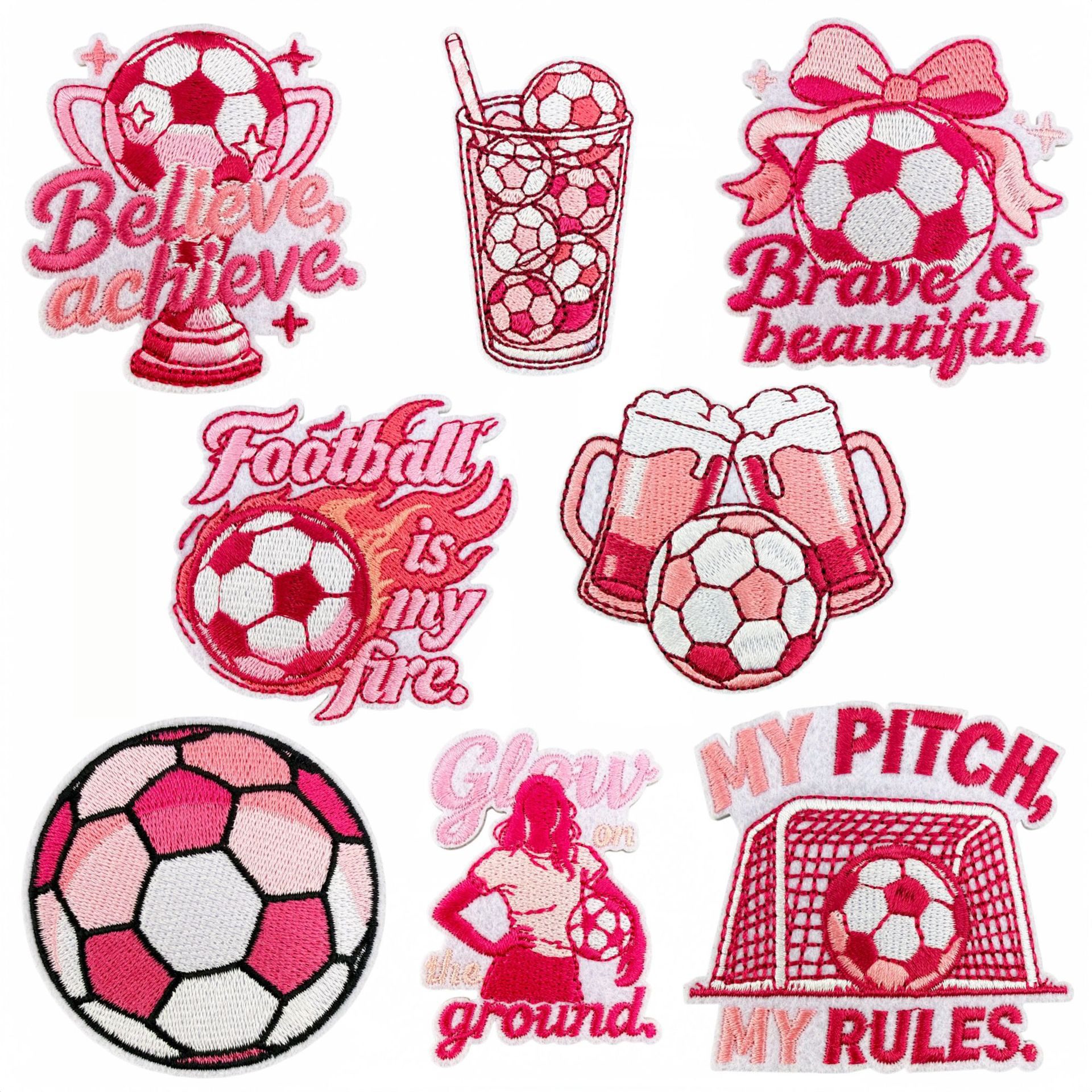 Sporty Pink Soccer Football Embroidered Patch for Clothes and Bags DIY Decorative Patches Computer Embroidery Ironing Hot Melt Glue