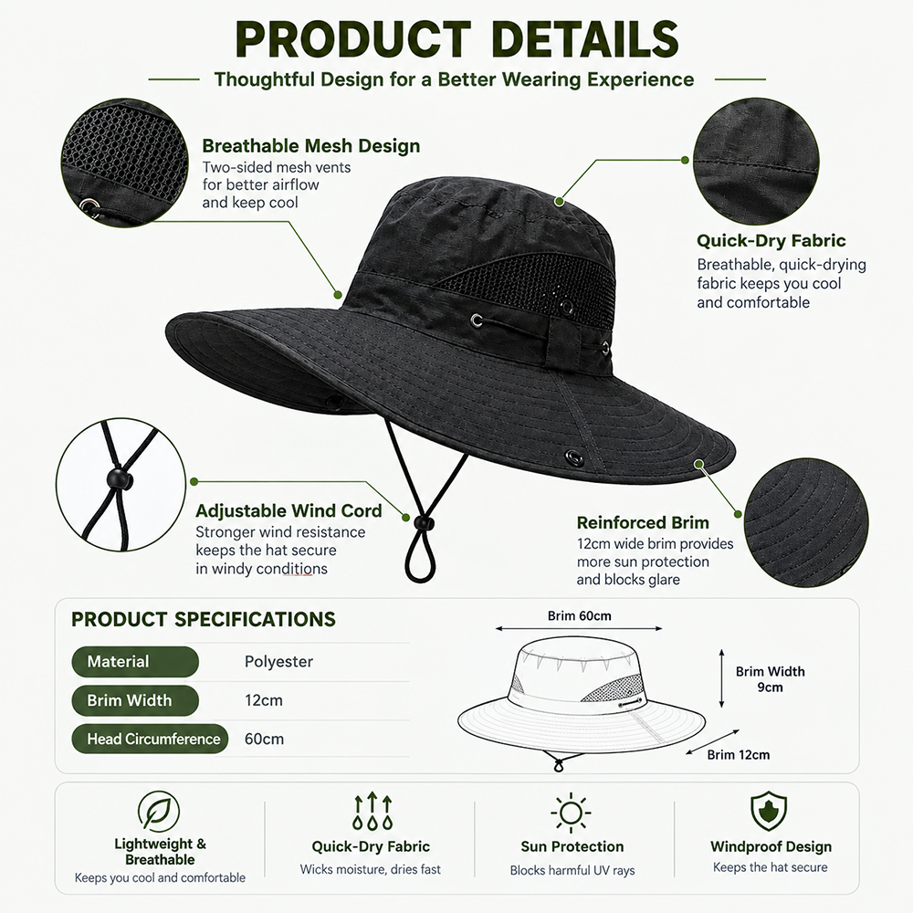 Waterproof and quick-drying fabric sun hats, custom-made summer outdoor travel hiking bucket hats cycling hats with logo printing wholesale.