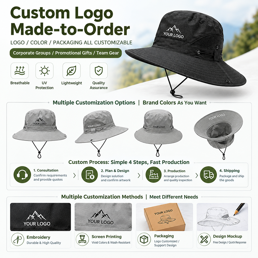 Waterproof and quick-drying fabric sun hats, custom-made summer outdoor travel hiking bucket hats cycling hats with logo printing wholesale.