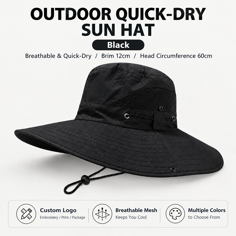 Waterproof and quick-drying fabric sun hats, custom-made summer outdoor travel hiking bucket hats cycling hats with logo printing wholesale.