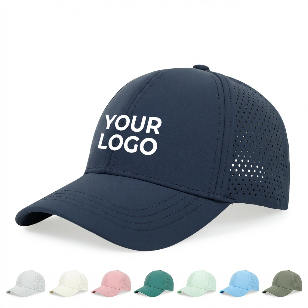 High Quality Custom Logo Laser Cut Hole Image Sporty Waterproof 6-Panel Baseball Cap with Double Breasted Buckle