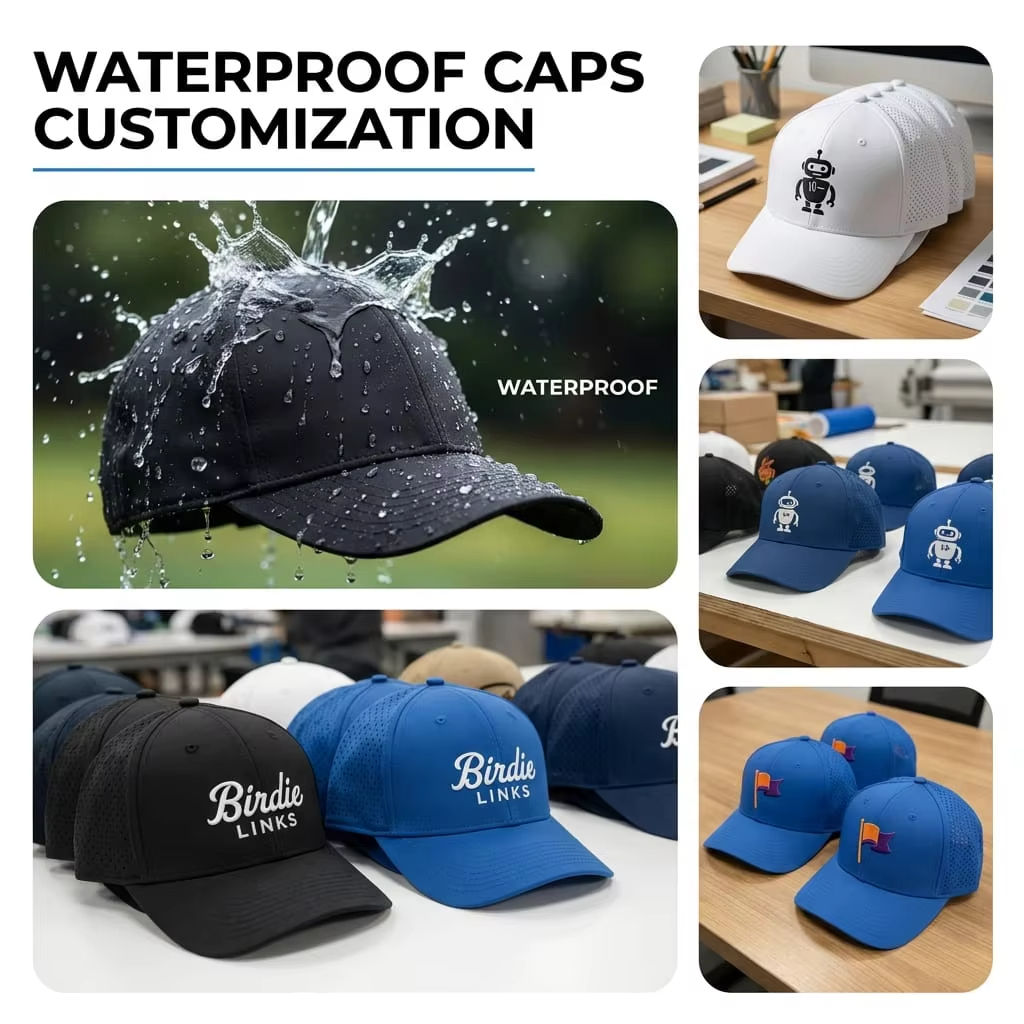 High Quality Custom Logo Laser Cut Hole Image Sporty Waterproof 6-Panel Baseball Cap with Double Breasted Buckle
