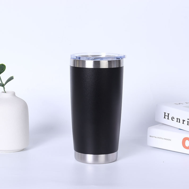 Stainless steel vacuum insulated mug with double lids and optional straw for direct drinking; portable car coffee mug.