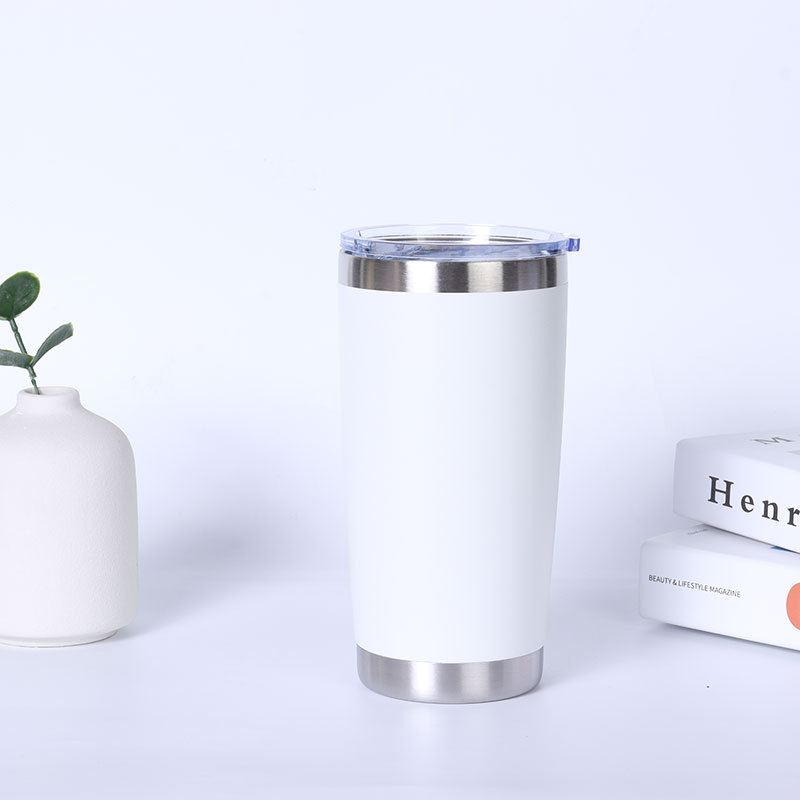 Stainless steel vacuum insulated mug with double lids and optional straw for direct drinking; portable car coffee mug.