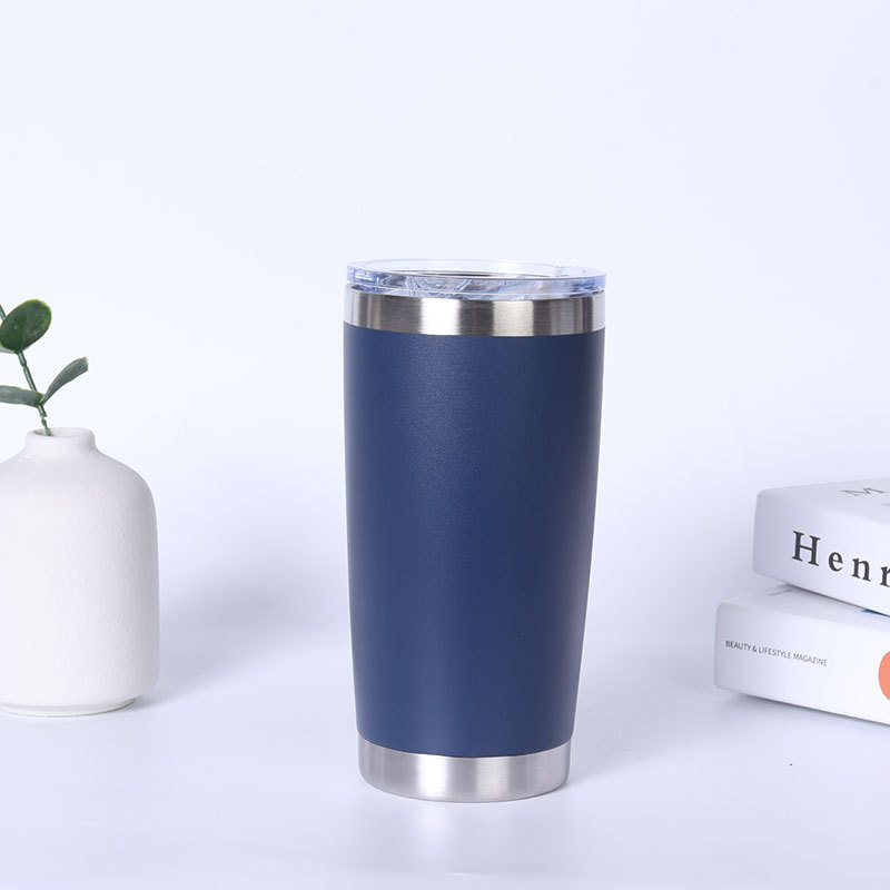 Stainless steel vacuum insulated mug with double lids and optional straw for direct drinking; portable car coffee mug.