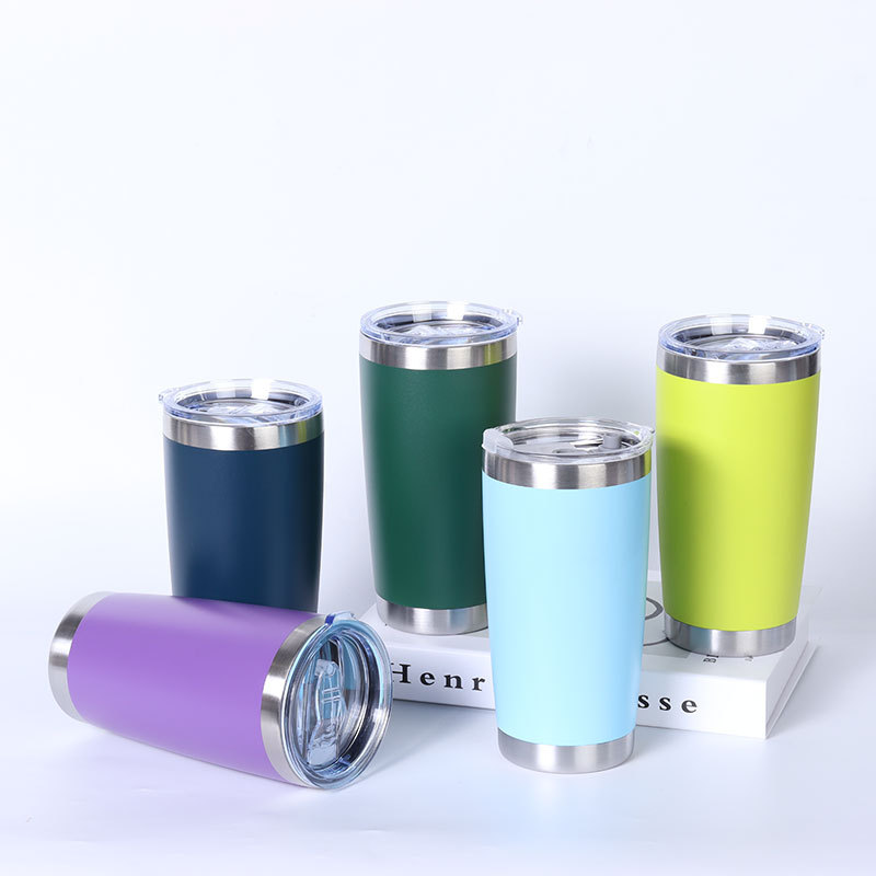 Stainless steel vacuum insulated mug with double lids and optional straw for direct drinking; portable car coffee mug.