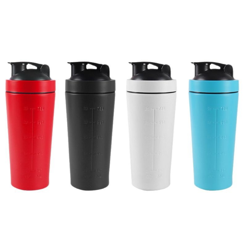 Large capacity single-layer 304 stainless steel shaker cup for milkshakes, protein powder, fitness, exercise, with measuring scale, stirring ball, and water cup.