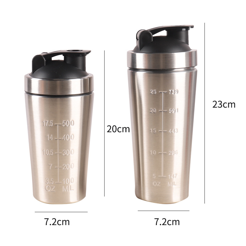Large capacity single-layer 304 stainless steel shaker cup for milkshakes, protein powder, fitness, exercise, with measuring scale, stirring ball, and water cup.