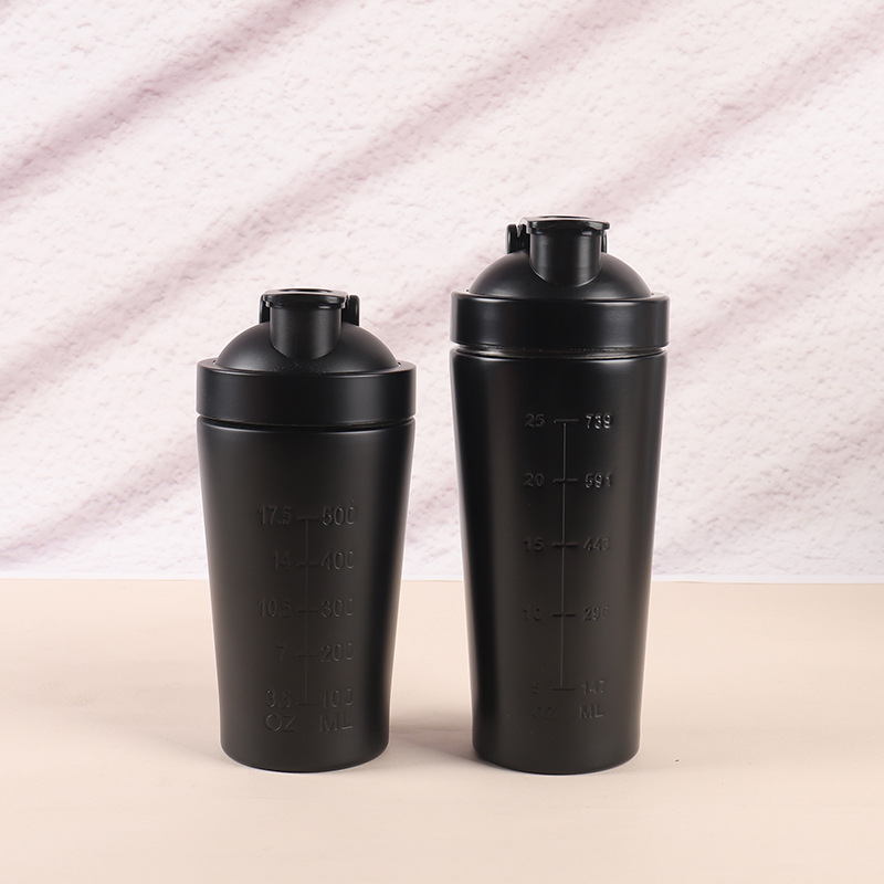 Large capacity single-layer 304 stainless steel shaker cup for milkshakes, protein powder, fitness, exercise, with measuring scale, stirring ball, and water cup.