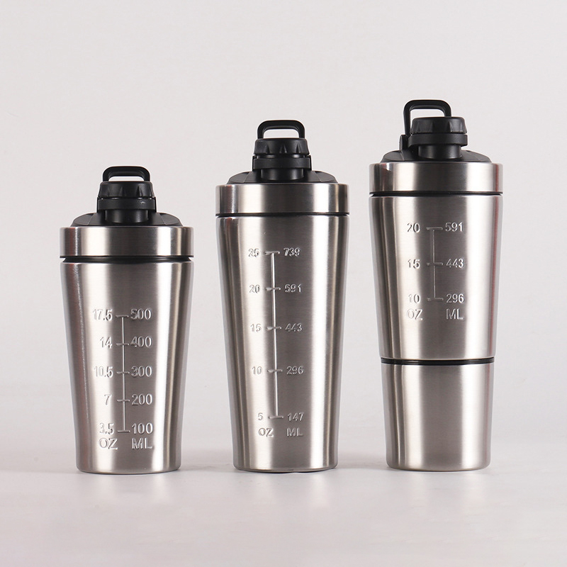 Large capacity single-layer 304 stainless steel shaker cup for milkshakes, protein powder, fitness, exercise, with measuring scale, stirring ball, and water cup.