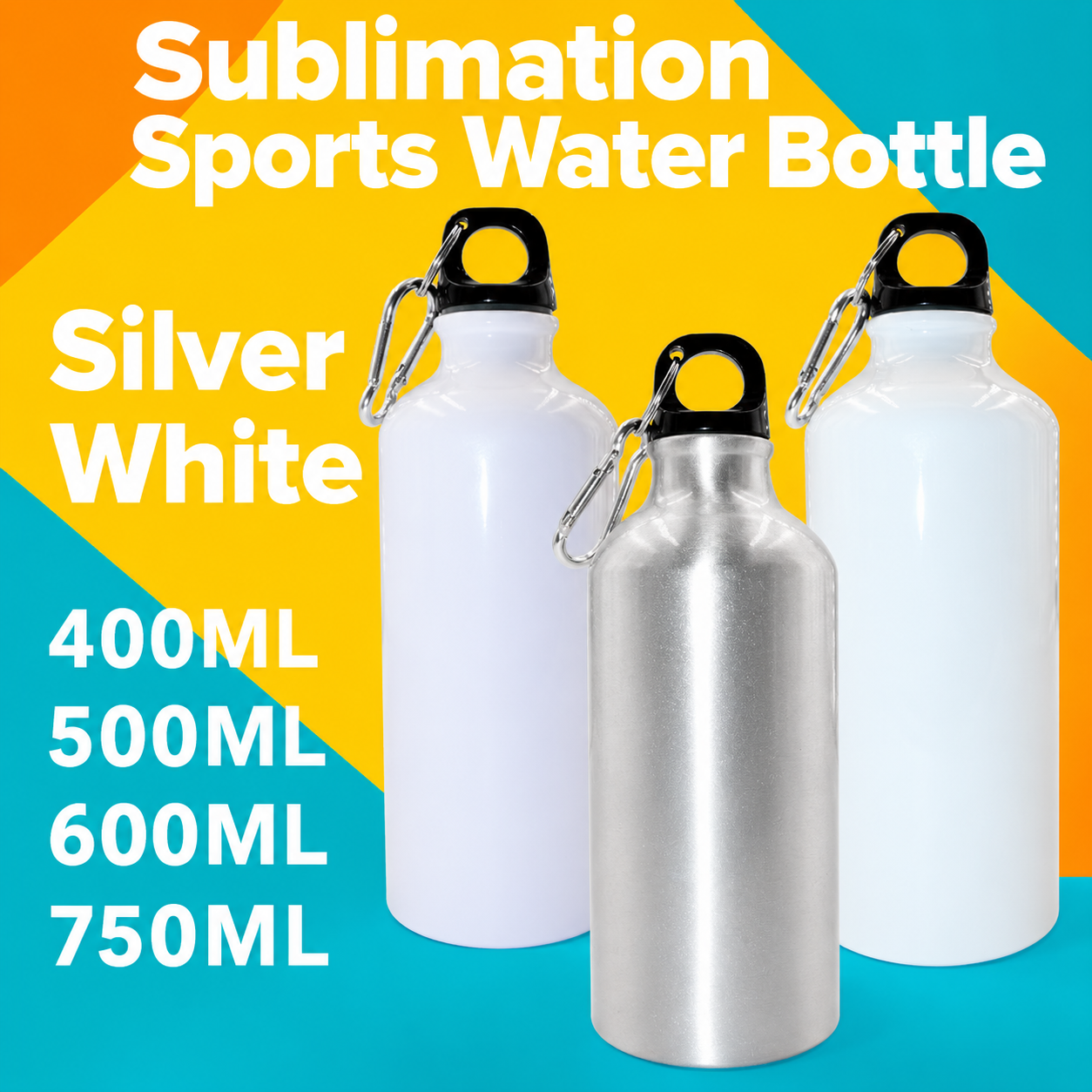Heat transfer printing of sports water bottles, outdoor water bottles, aluminum bottles, sublimation coating, blank sports water bottles, logo, white, silver.