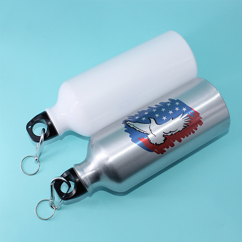 Heat transfer printing of sports water bottles, outdoor water bottles, aluminum bottles, sublimation coating, blank sports water bottles, logo, white, silver.