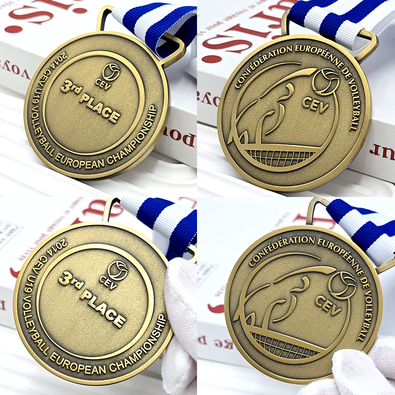 Vintage bronze relief volleyball medal European Volleyball Championship third place commemorative medal metal texture honor medal