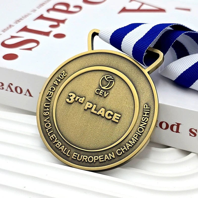 Vintage bronze relief volleyball medal European Volleyball Championship third place commemorative medal metal texture honor medal