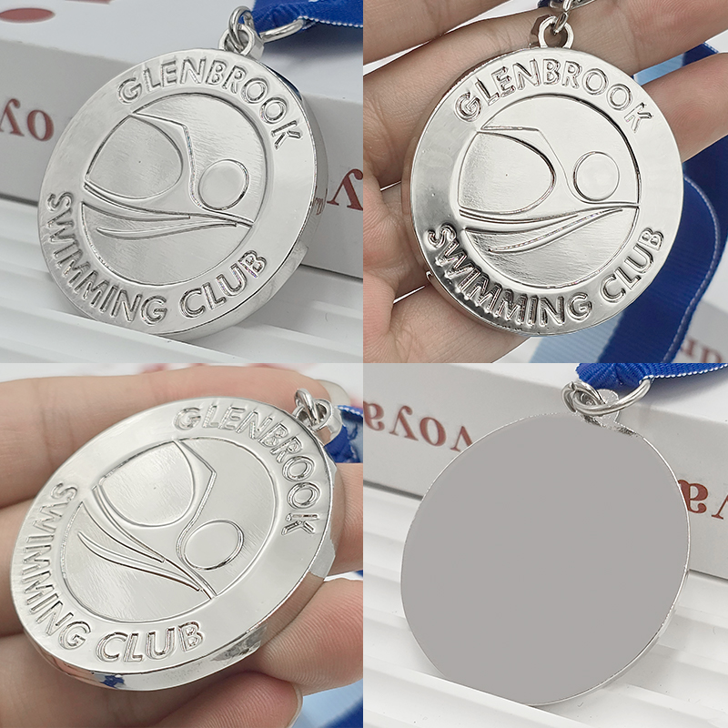 Silver 3D Relief Commemorative Medal for Swimming Clubs; Metallic Swimming Competition Collectible Medal