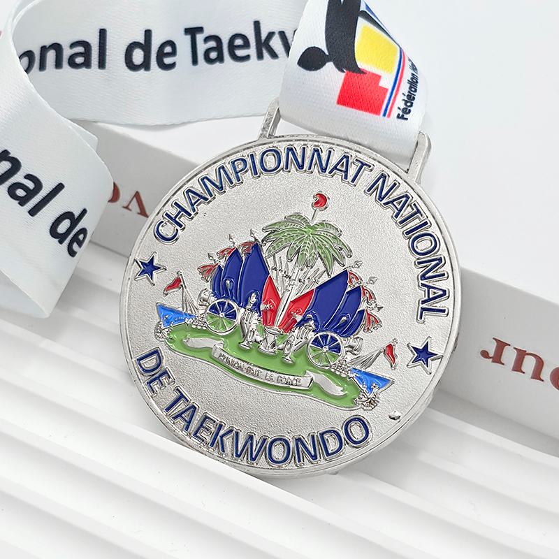 Taekwondo National Championships Silver Color Relief Commemorative Medal, Metallic Martial Arts Competition Collectible Medal
