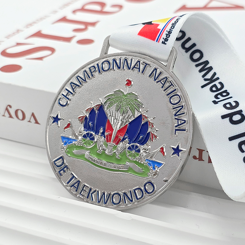 Taekwondo National Championships Silver Color Relief Commemorative Medal, Metallic Martial Arts Competition Collectible Medal