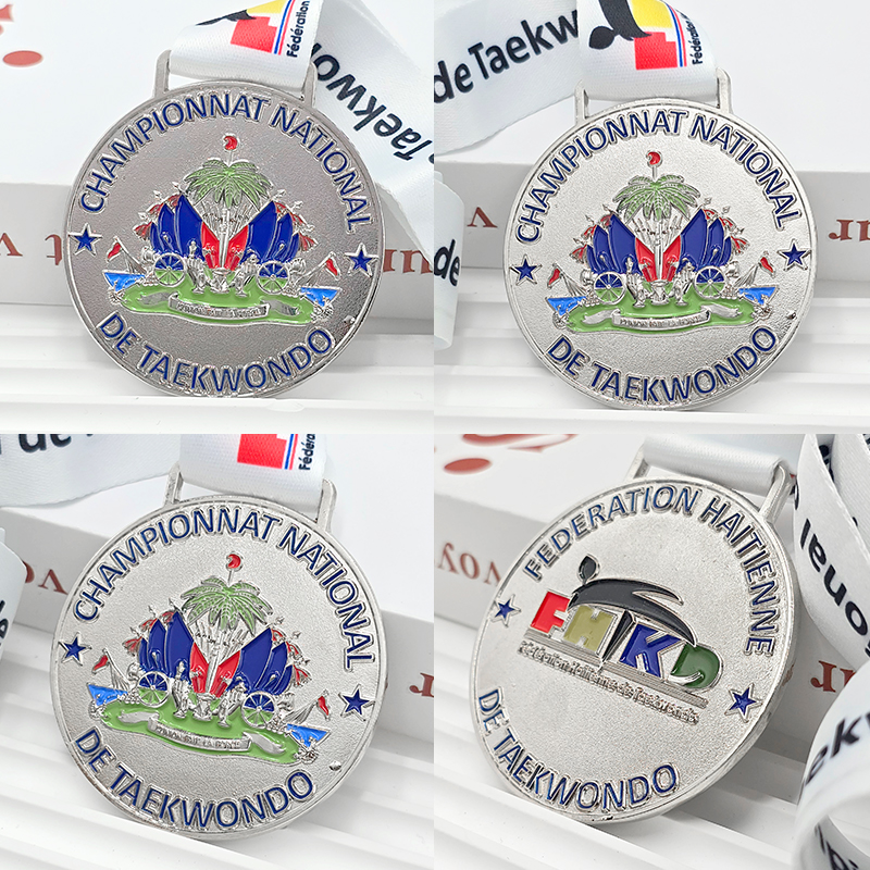 Taekwondo National Championships Silver Color Relief Commemorative Medal, Metallic Martial Arts Competition Collectible Medal
