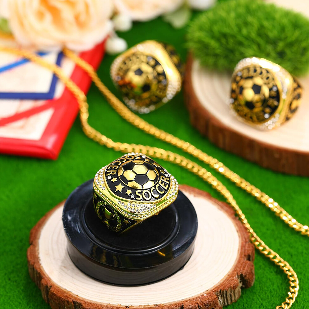 Diamond-encrusted sports accessories for general sports awards, including championship rings for football, basketball, rugby, and baseball MVP events.