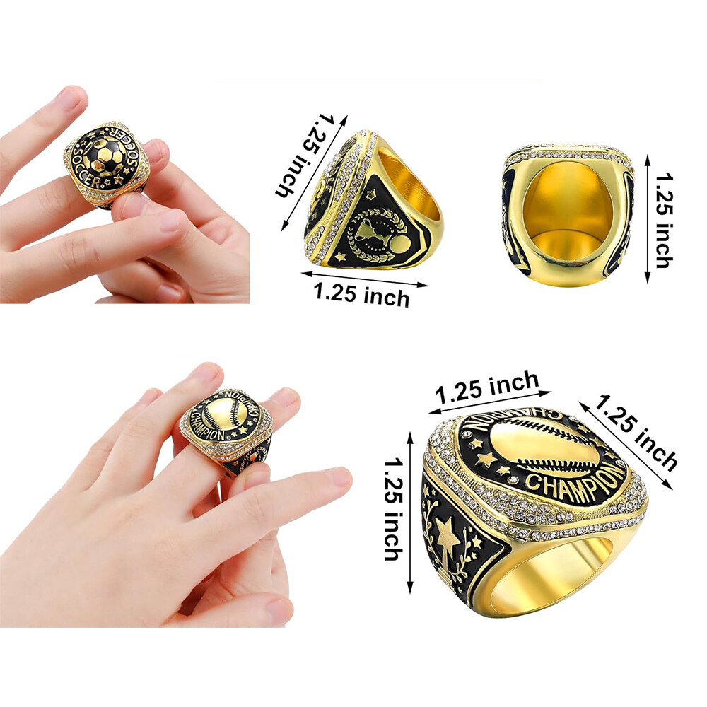 Diamond-encrusted sports accessories for general sports awards, including championship rings for football, basketball, rugby, and baseball MVP events.