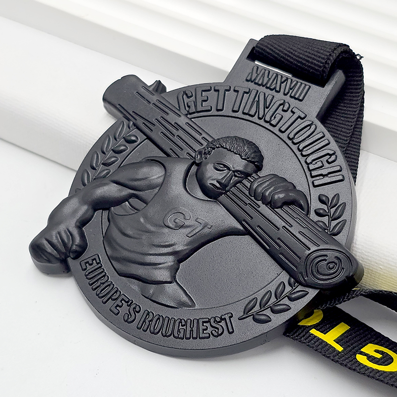 Matte black metal medal, weighted cross-country race commemorative 3D muscular tough guy relief, sports collectible.