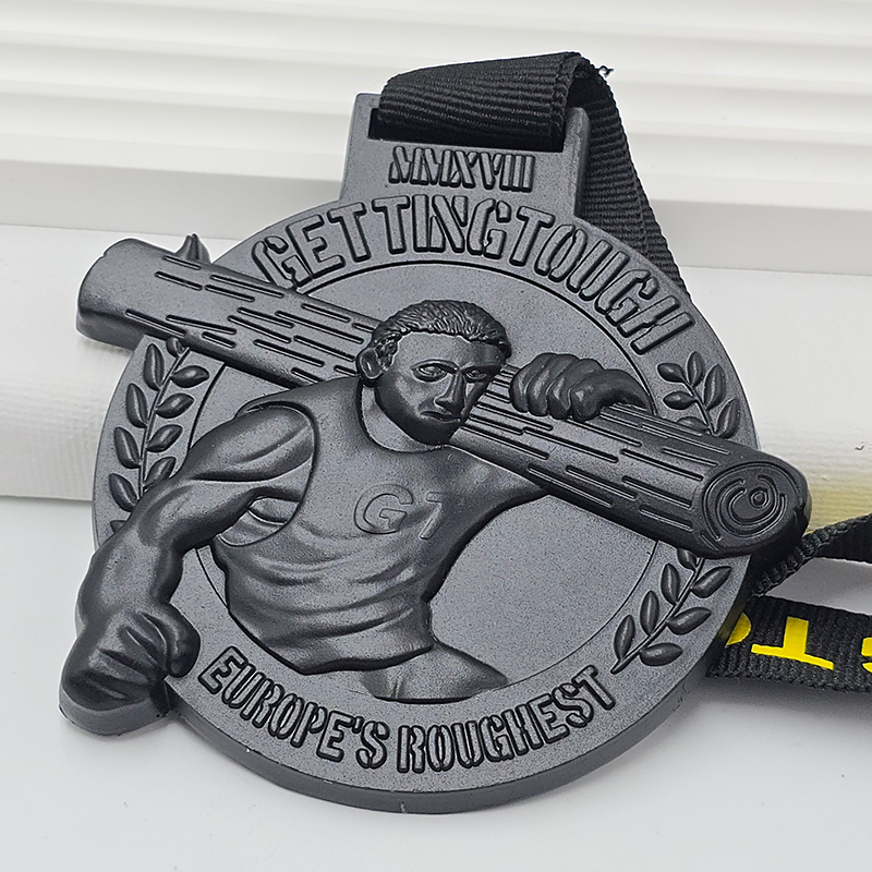 Matte black metal medal, weighted cross-country race commemorative 3D muscular tough guy relief, sports collectible.