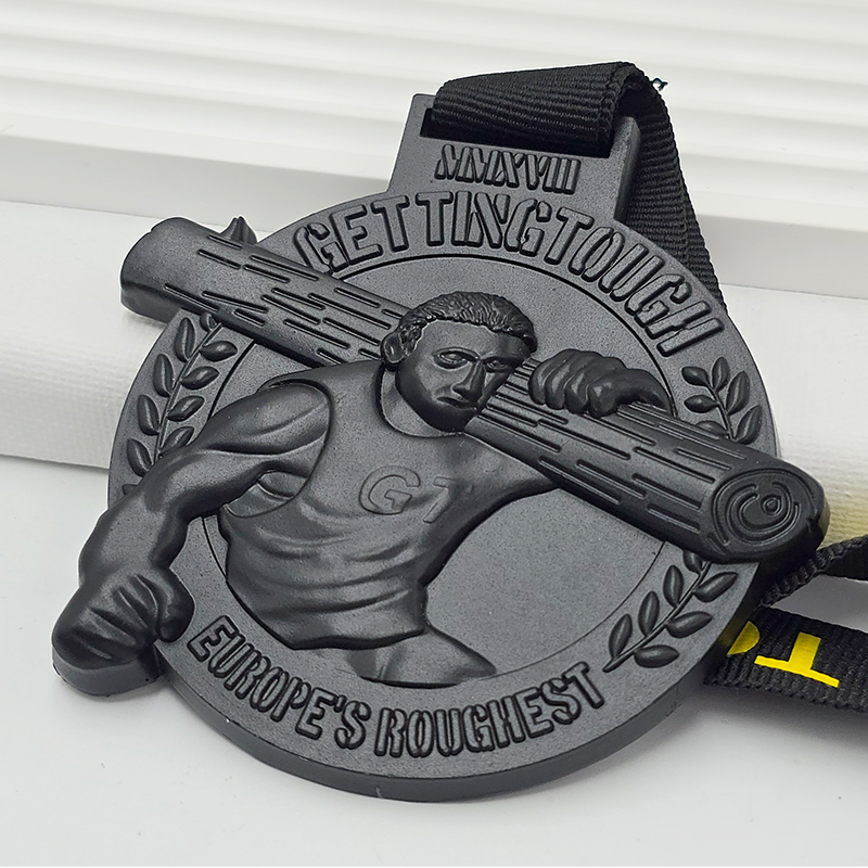 Matte black metal medal, weighted cross-country race commemorative 3D muscular tough guy relief, sports collectible.