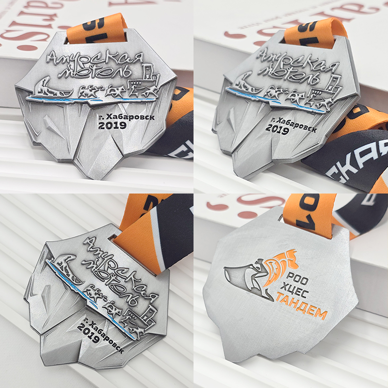 Frosted silver metal medal, commemorative event item, orange and silver color blocking, 3D relief sports collectible.