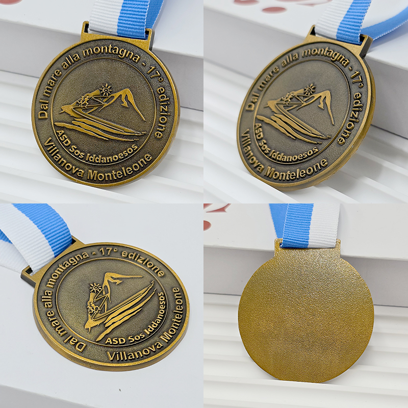 Retro bronze-colored metal medal, commemorative water skiing mountain 3D relief, outdoor sports collectible.