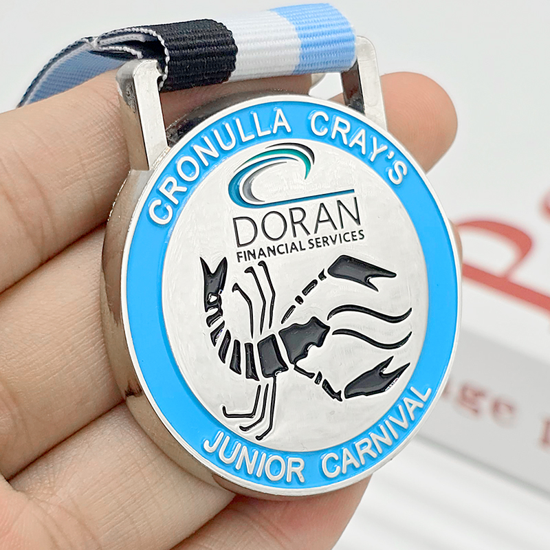 Silver blue contrasting metal medal, Youth Carnival commemorative lobster three-dimensional relief, financial sponsorship event collection ornament