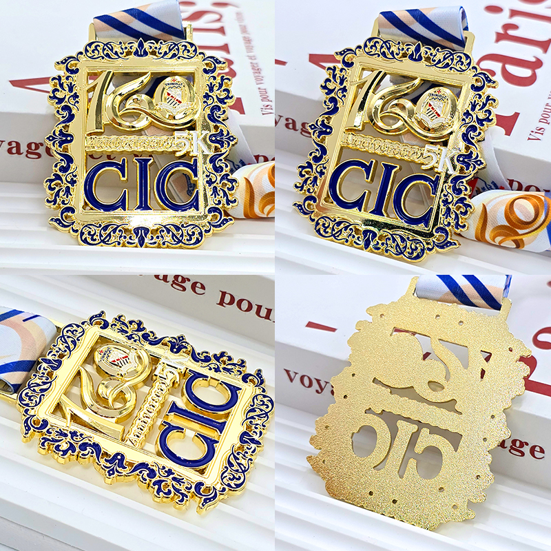 Gold and blue color-blocked metal medals, commemorative sports event items, retro-style floral patterns, lettering, 3D relief, sports event collectibles.