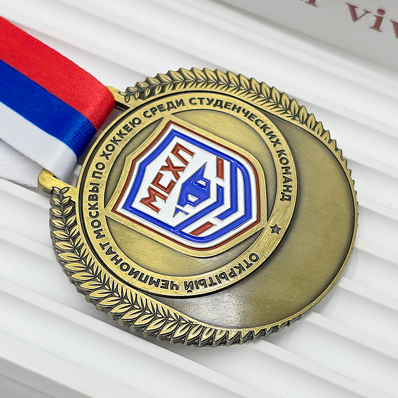 Vintage bronze metal medal, commemorative wheat shield badge, relief of the Moscow University Ice Hockey Championship, Russian university sports event collectible.