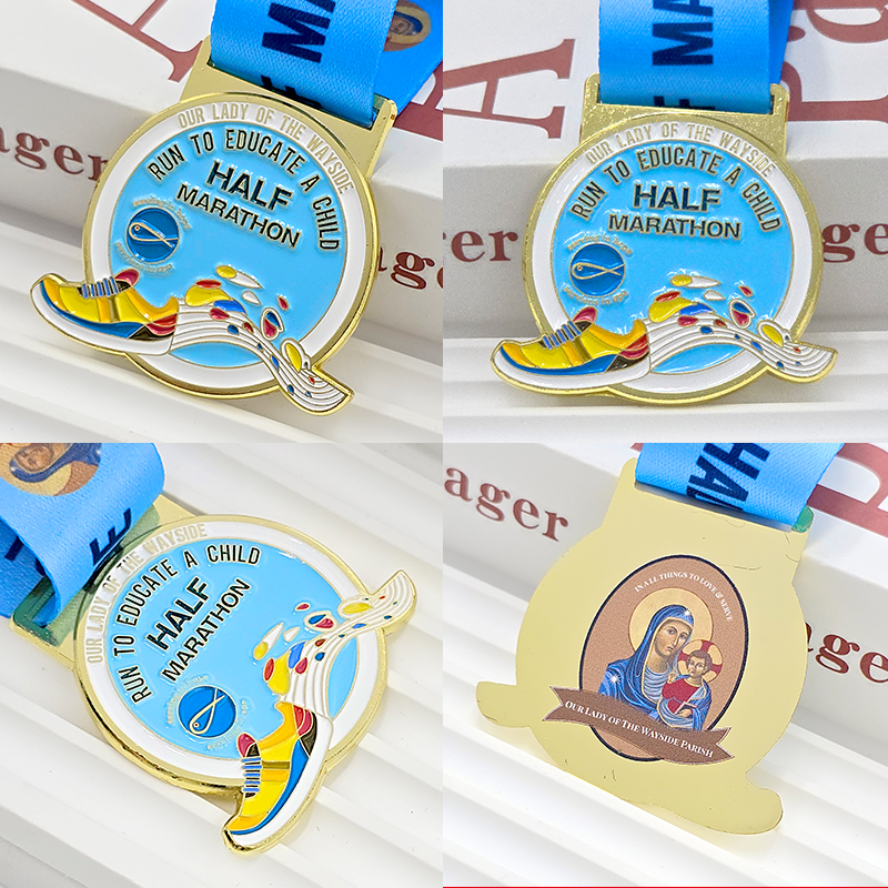 Gold and blue color-blocked metallic medal, charity half marathon commemorative 