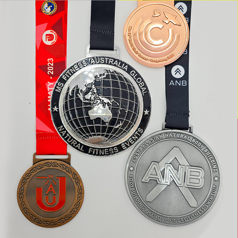 Fitness and bodybuilding competition metal medal set, commemorating global fitness/Australia-Asia natural bodybuilding and other competitions, globe/brand relief, professional competition collectible set.