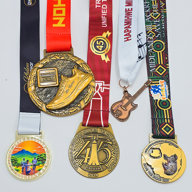 Multicultural Themed Metal Medal Set: African Rhino Conservation Run / Music Guitar Race / Teachers' Association Commemoration / Running Shoe Relief - A Global Featured Race Collectible Set