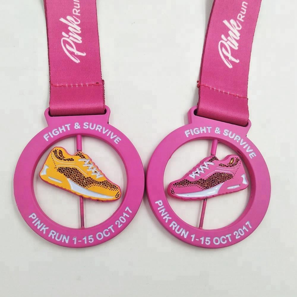 Metal hollow running medal, glittery pink silver commemorative badge