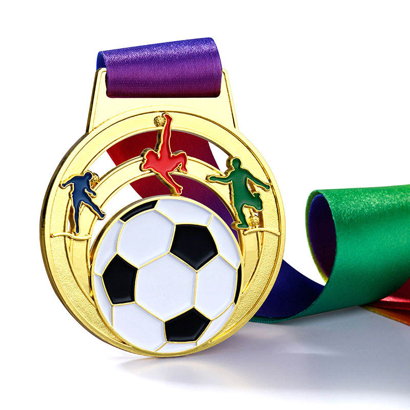 Custom unisex gold-plated football medals with 3D metal logos and enamel; sports awards football medals