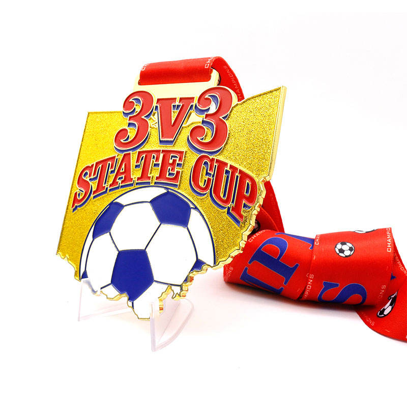 Custom unisex gold-plated football medals with 3D metal logos and enamel; sports awards football medals