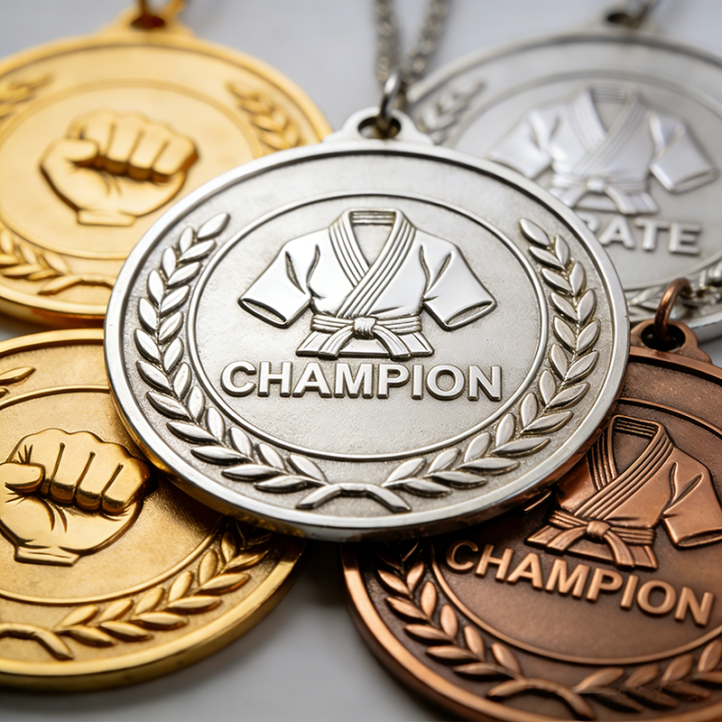 Factory-made metal medals with ribbons, suitable for sports such as 5km, 10km marathon, swimming, cycling, taekwondo, boxing, karate, badminton, etc.