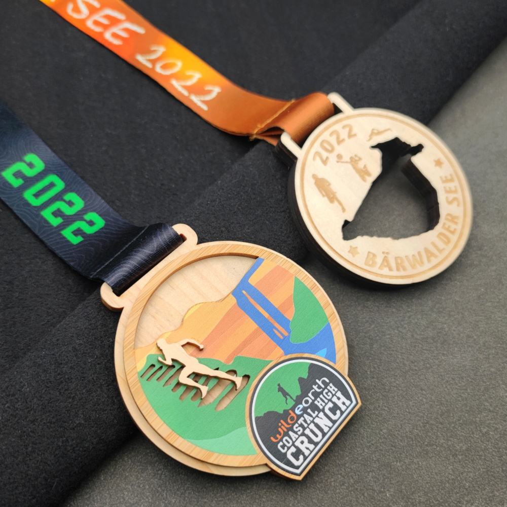 Wooden medals, laser-printed logos, custom medals and trophies