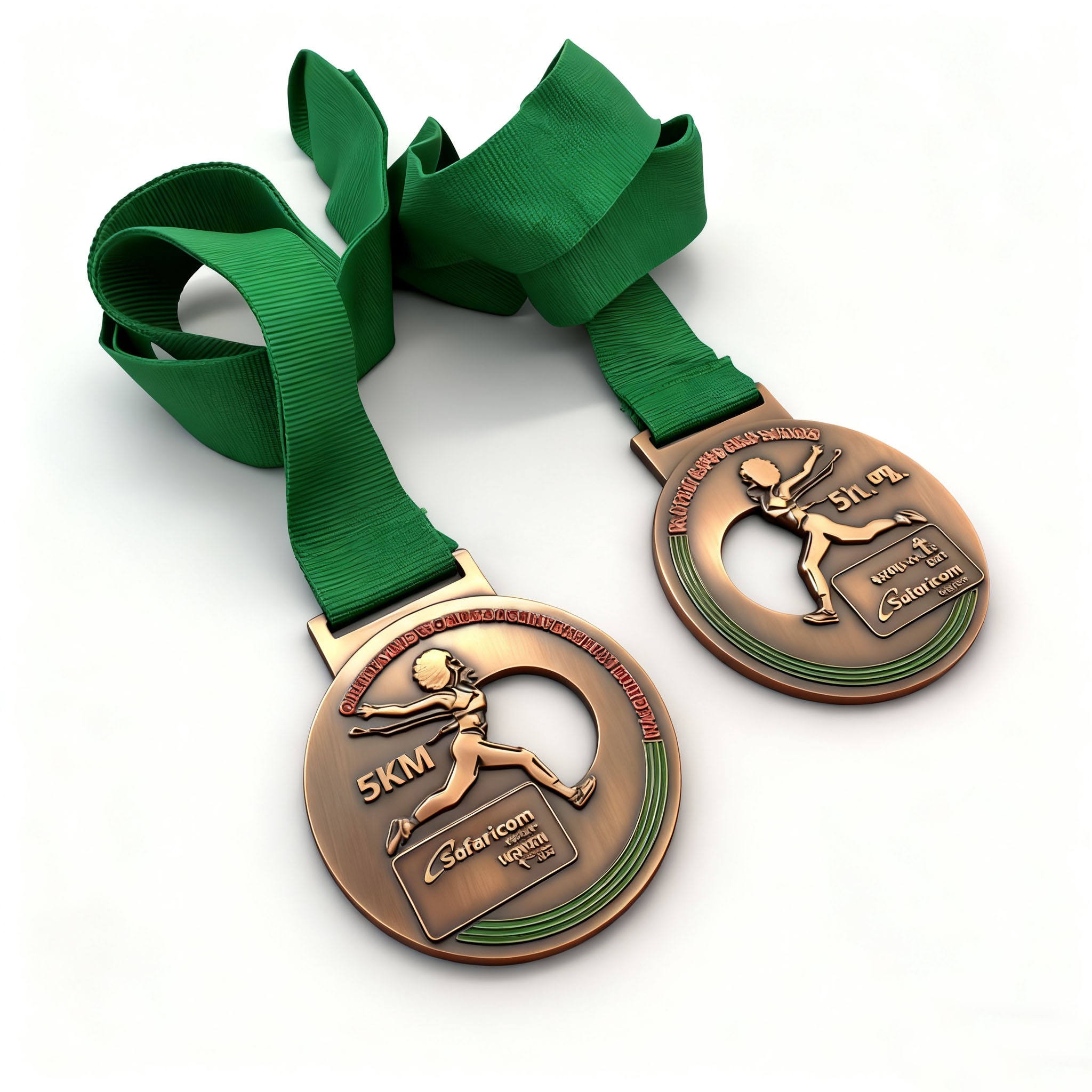 Women's 5km race finish line medal: Vintage bronze with green ribbon; sports medal.