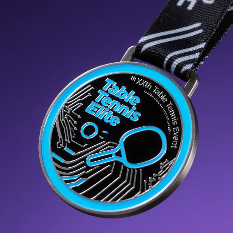 Cyber-style table tennis medal, black, silver, and blue luminescent metallic tournament commemorative medal.