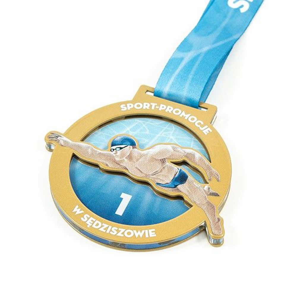 Acrylic medals for swimming competitions; transparent blue and yellow color-blocked commemorative medals for swimmers.